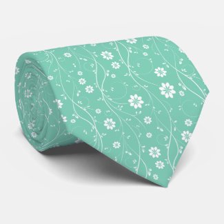 Cute White & Mint-Green Delicate Floral Pattern Tie