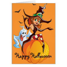 Cute Witch and Ghost Halloween Card