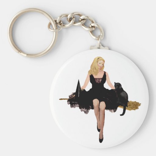 Cute Witch & Black Cat Levitating on a Broomstick Key Chains
