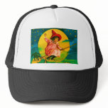 Cute Witch on Broom with Cat Trucker Hats
