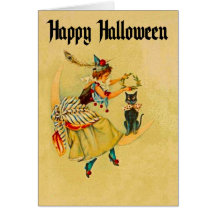 Cute Witch on Moon with Cat Greeting Cards