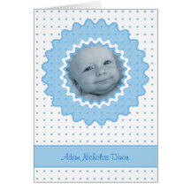 Cutietoots Birth Announcement, blue ruffles & dots Card