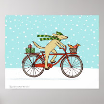 Cycling Dog and Squirrel Whimsical Winter Holiday Posters