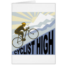 Cyclist racing bike up steep mountain retro style greeting cards