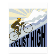 Cyclist racing bike up steep mountain retro style postcard