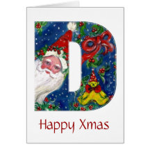 D LETTER / SANTA CLAUS WITH RED RIBBON MONOGRAM GREETING CARD