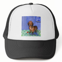 Dachshund blue room portrait hat
