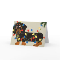 Dachshund Tangled In Christmas Lights Blk/Tan Greeting Cards