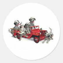 Dalmatian Pups with Fire Truck Round Sticker