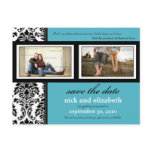 Damask 2-Photo Aqua-Black-White Save the Date Post Cards