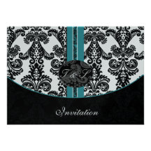 damask aqua silver wedding invitation