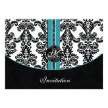 damask aqua wedding monogram invitation