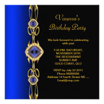 Damask Birthday Party Colbalt Blue Gold Black Personalised Invite