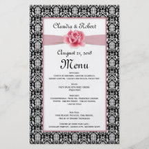 Damask black white, pink rose Wedding Menu Flyer