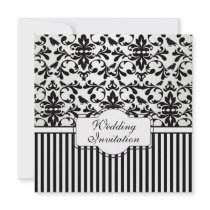 Damask black white swirls, birds, stripes Wedding Announcements