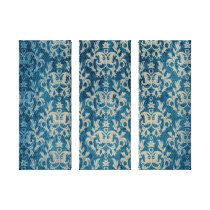 Damask botanic & hearts blue golden triptych print canvas print