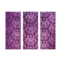 Damask botanic & hearts purple triptych print stretched canvas prints