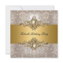 Damask Cream Gold Birthday Party Pearl Announcements