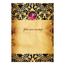 DAMASK GEM STONE MONOGRAM parchment purple pink Personalised Invitation