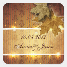 Damask Golden Leaves glamourous Fall Wedding Square Sticker