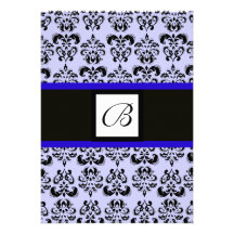 DAMASK MONOGRAM,black and white,blue Announcements
