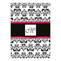 DAMASK MONOGRAM,black and white, pink fuchsia Personalised Invitations