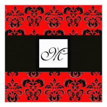 DAMASK MONOGRAM,black and white, red Personalised Announcement