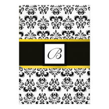DAMASK MONOGRAM,black and white,yellow Personalized Announcements