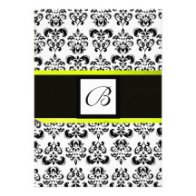 DAMASK MONOGRAM,black and white,yellow Personalised Invites