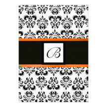 DAMASK MONOGRAM,black and white,yellow orange Personalized Announcements