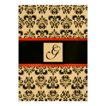 DAMASK MONOGRAM,black ,red gold metallic Invite