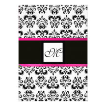 DAMASK MONOGRAM,black white, pink fuchsia violet Custom Announcements