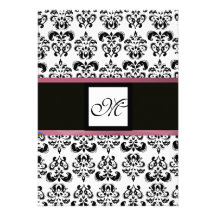 DAMASK MONOGRAM,black white, pink purple violet Personalized Invites