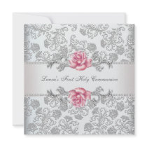 Damask Pink Rose Girls First Communion Invites