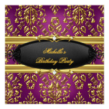 Damask Plum Birthday Party Gold Black Diamond Announcement
