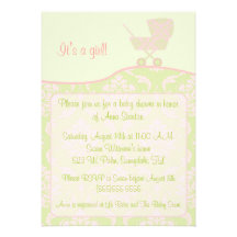 Damask Pram - Pink Baby Shower Invitation
