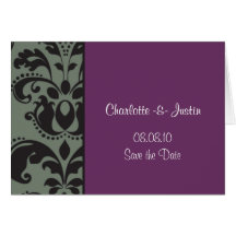 damask purple; save the date cards