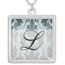 damask roses light blue and black custom necklace