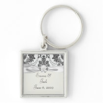 damask roses white and black key chain