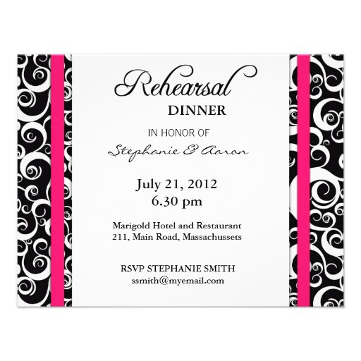 Damask Swirl Rehearsal Dinner Card in Hot Pink Personalized Invitation