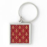 Damask vintage red wallpaper Fleur de lis pattern keychains