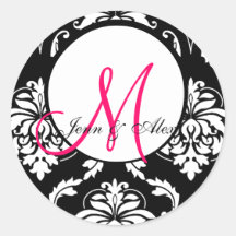 Damask Wedding Monogram Hot Pink Envelope Seal Stickers