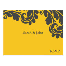 Damask Yellow and Grey Wedding RSVP Post Card