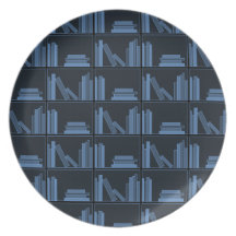 Dark Blue Books on Shelf. Dinner Plate