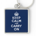 Dark Blue Keep Calm and Carry On keychains