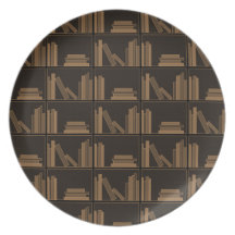 Dark Brown Books on Shelf. Dinner Plate