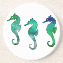 Dark Green Watercolor Seahorses Drink Coasters