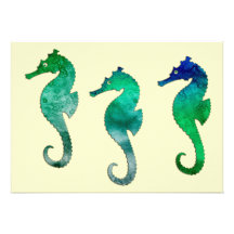 Dark Green Watercolor Seahorses Personalized Invitations