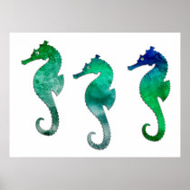 Dark Green Watercolor Seahorses
