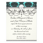 dark grey on aqua blue flourish damask pattern personalised invitation